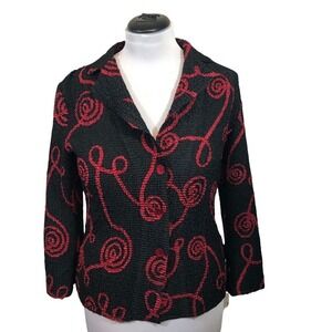 Rafael Black with Red Ribbon Soutache Pucker Weave 3 Button Blouse Womens Size S